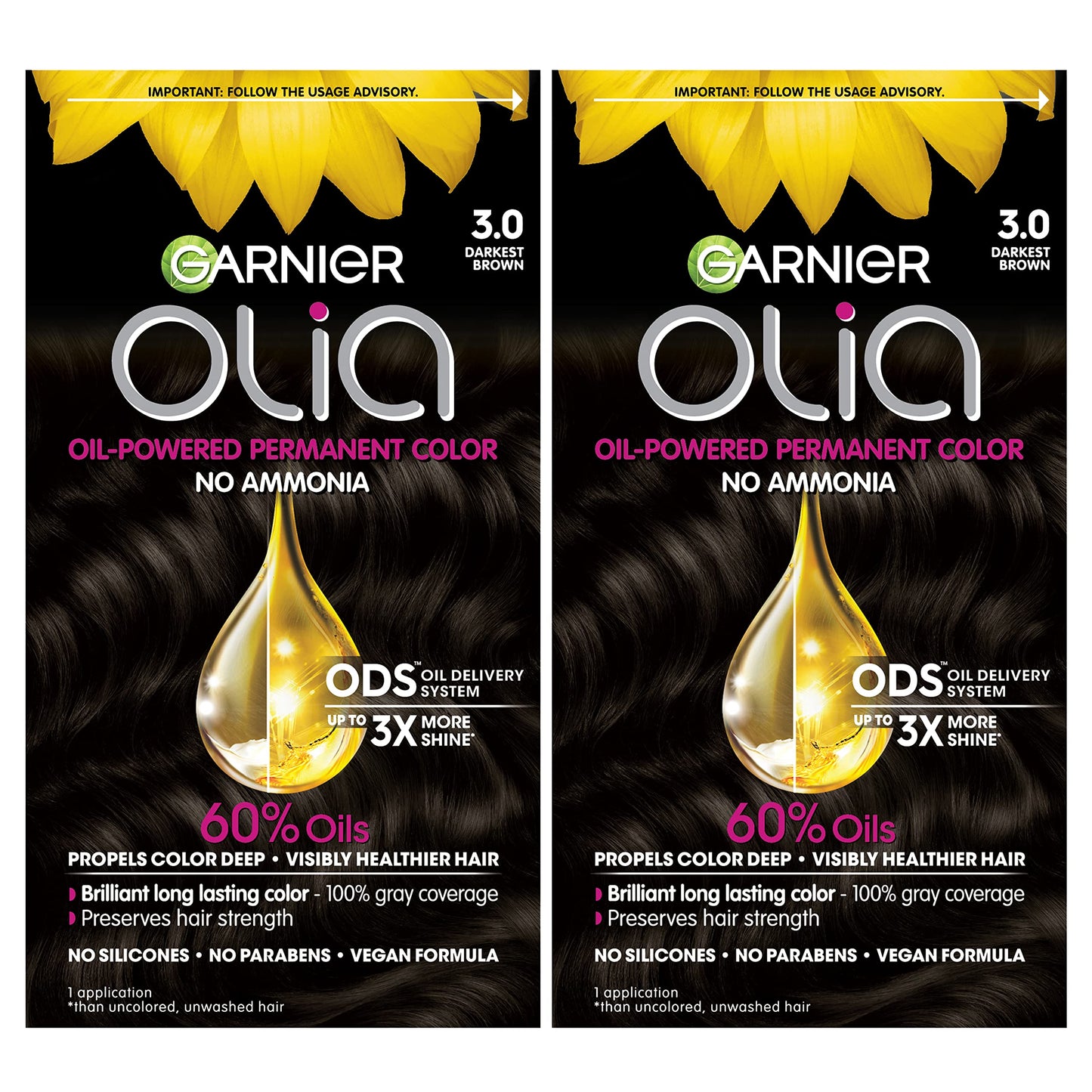 Garnier Hair Color Olia Ammonia-Free Brilliant Color Oil-Rich Permanent Hair Dye, 3.0 Darkest Brown, 2 Count (Packaging May Vary)