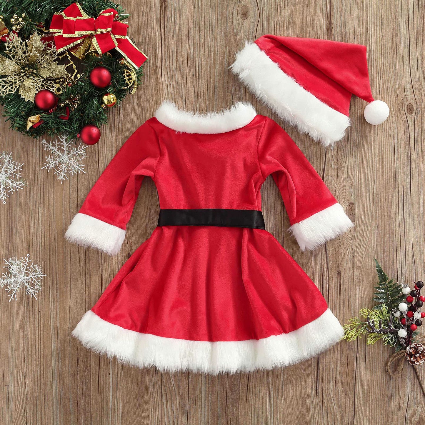 Baby Girls Christmas Dress Velvet Santa Claus Romper Dress Long Sleeve Plush Xmas Princess Party Cosplay Costume Dress (H-Red, 3-4 Years)