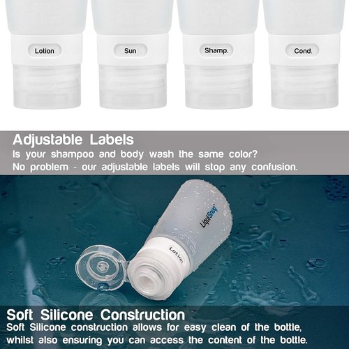 LiquiSnugs Premium Silicone Travel Bottles - 100% Leak Proof & TSA Approved - Suction Cups & Adjustable Labels
