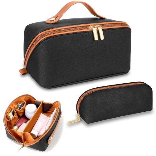 ALEXTINA Travel Makeup Bag, Large Capacity Cosmetic Bags for Women, 2Pcs Makeup Organizer Bag, Wide Open Flat Portable Pounch with Dividers, Waterproof Toiletry Bag for Women (Brown and Black)