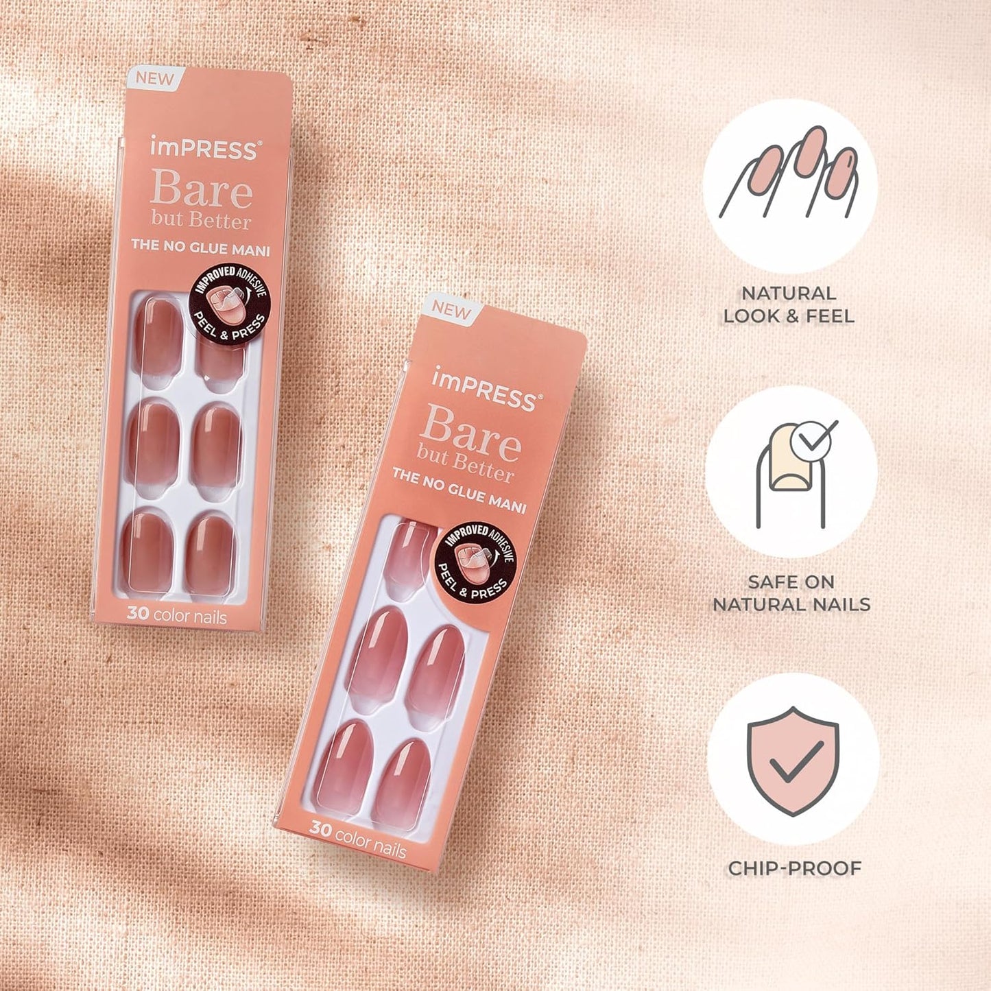 KISS imPRESS No Glue Mani Press On Nails - Simple Pleasure Nude Short Squoval Shape | 30 Nails & Accessories