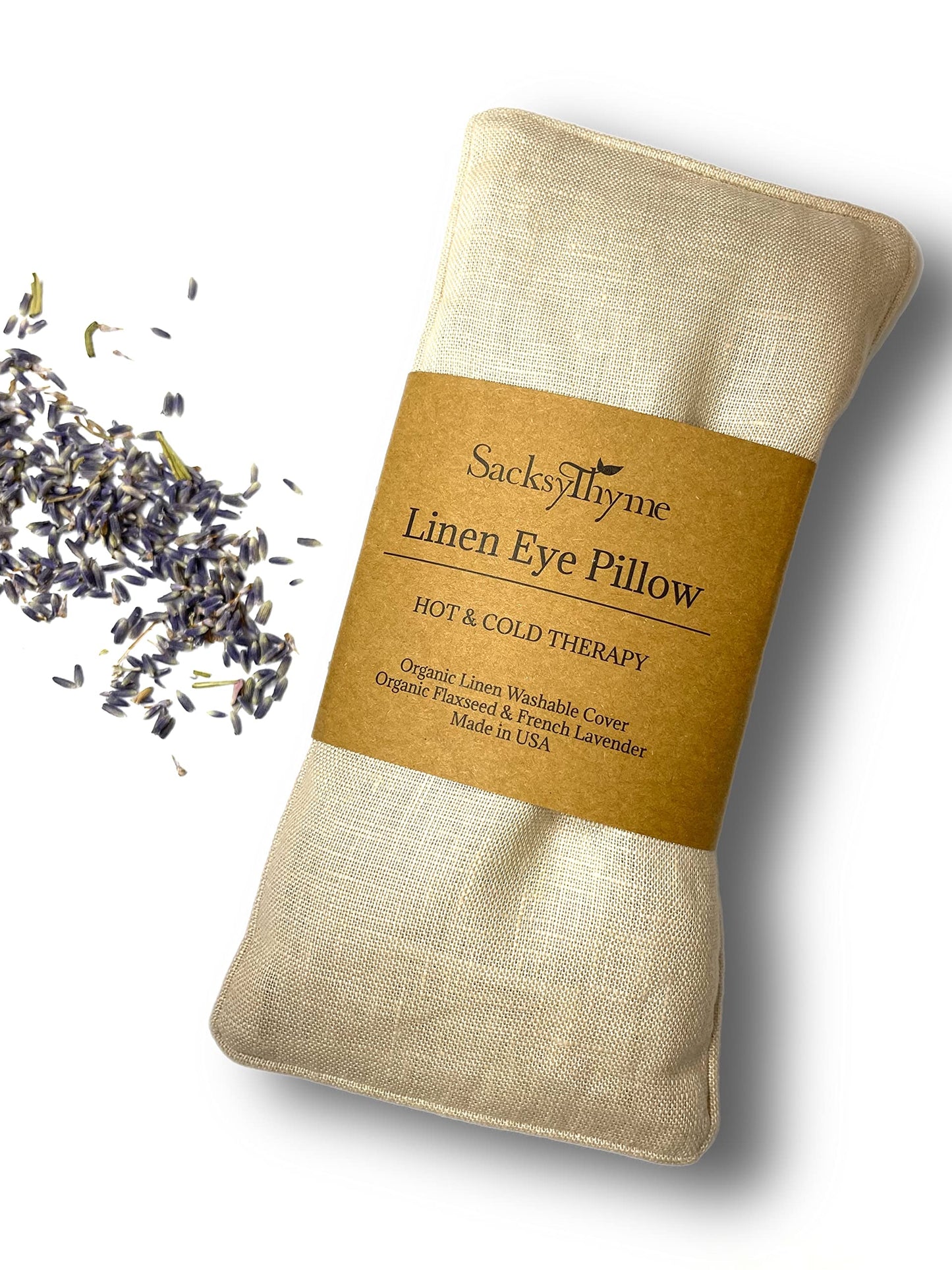 Sacksy Thyme Organic Linen Eye Pillow - Lavender & Flaxseed for Relaxation, Yoga, Stress Relief - Microwavable Heating Pad & Cool Compress - Made in USA - Gifts for Meditation - (Unscented)