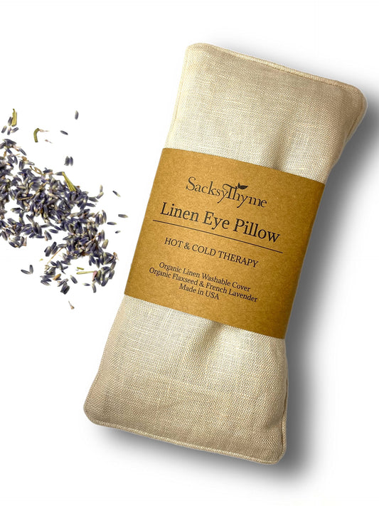 Sacksy Thyme Organic Linen Eye Pillow - Lavender & Flaxseed for Relaxation, Yoga, Stress Relief - Microwavable Heating Pad & Cool Compress - Made in USA - Gifts for Meditation - (Unscented)