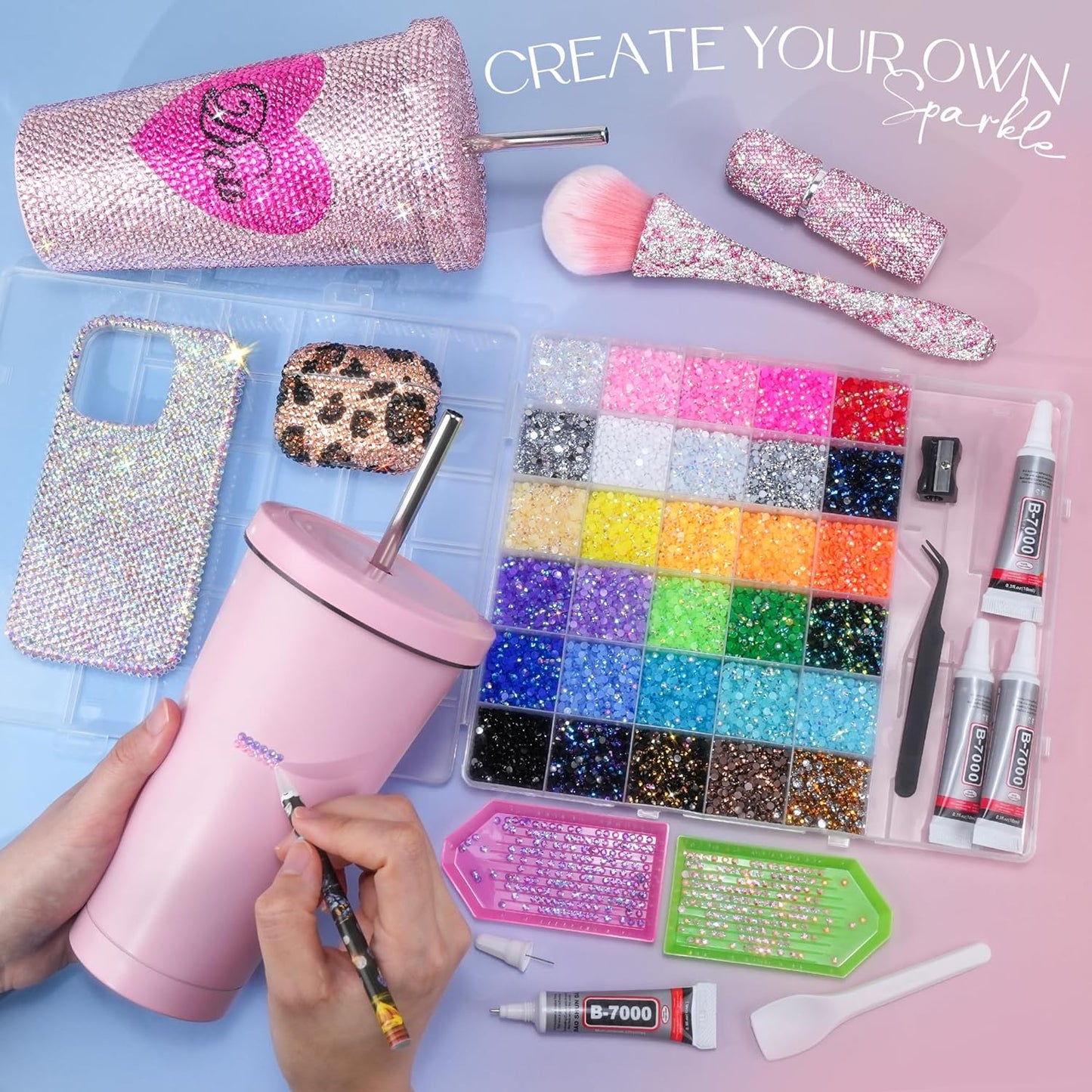 40000 Pcs Resin Jelly Rhinestones Kit, 30 Colors 3mm Flatback Rhinestones with 4 Pcs B7000 Jewelry Glue & Tools, All-in-One Bedazzling Kit for DIY Arts & Crafts Gifts