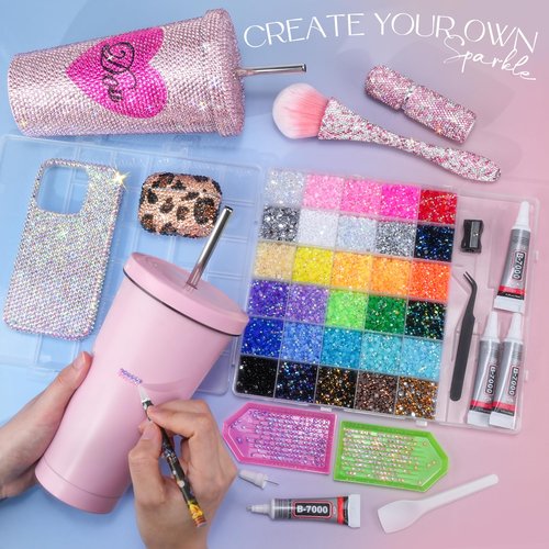 LOTWOW 40000 Pcs Resin Jelly Rhinestones Kit, 30 Colors 3mm Flatback Rhinestones with 4 Pcs B7000 Jewelry Glue & Tools, All-in-One Bedazzling Kit for DIY Arts & Crafts Gifts