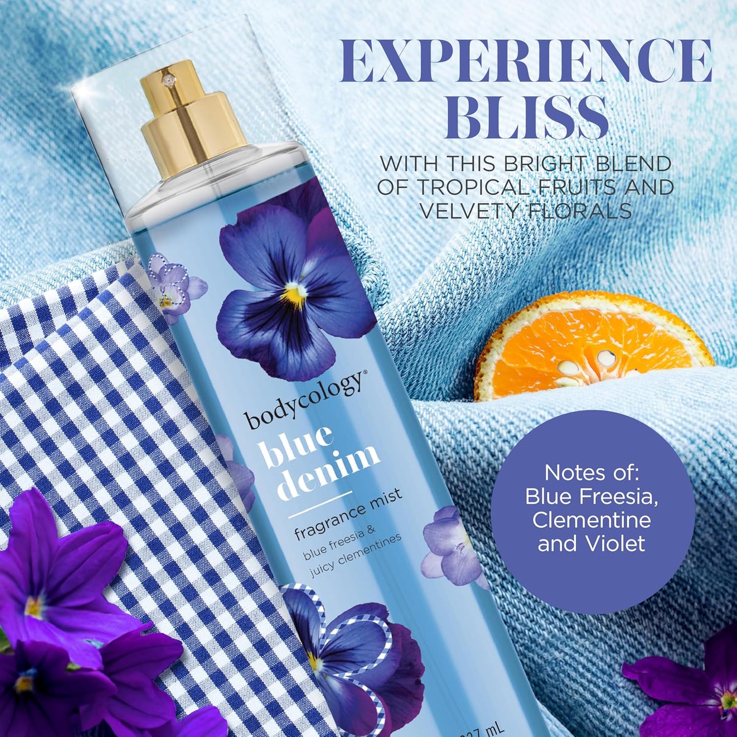 Bodycology Long-Lasting Fragrance Body Mist - Blue Denim, 8 Fl Oz | Pack of 2