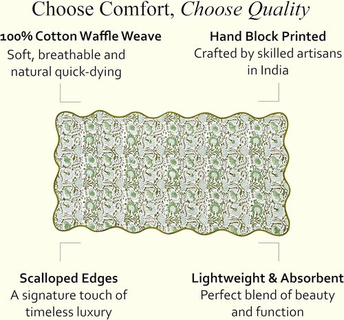 CPC Cotton Print Club Agate Green Block Printed Cotton Waffle Bath Towels - Soft, Quick-Dry, Set of 2, 27x54