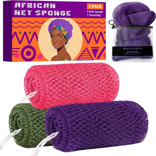 African Net Sponge - Exfoliating Bath Scrubber Set | 3 Pieces for All Skin Types - Gentle Loofah in Purple, Pink, Dark Green