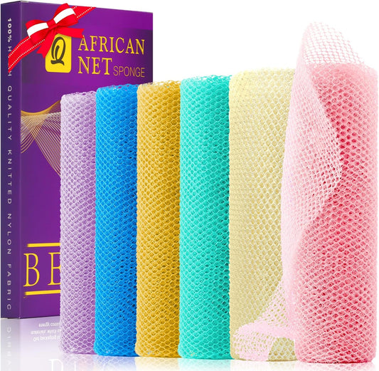 UJFQBH African Net Sponge Set - 6 Exfoliating Bath Sponges for Smoother Skin | Purple & Orange