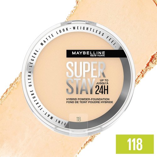 Maybelline Super Stay Powder Foundation - 24HR Medium-to-Full Coverage Makeup, Matte Finish, Shade 118
