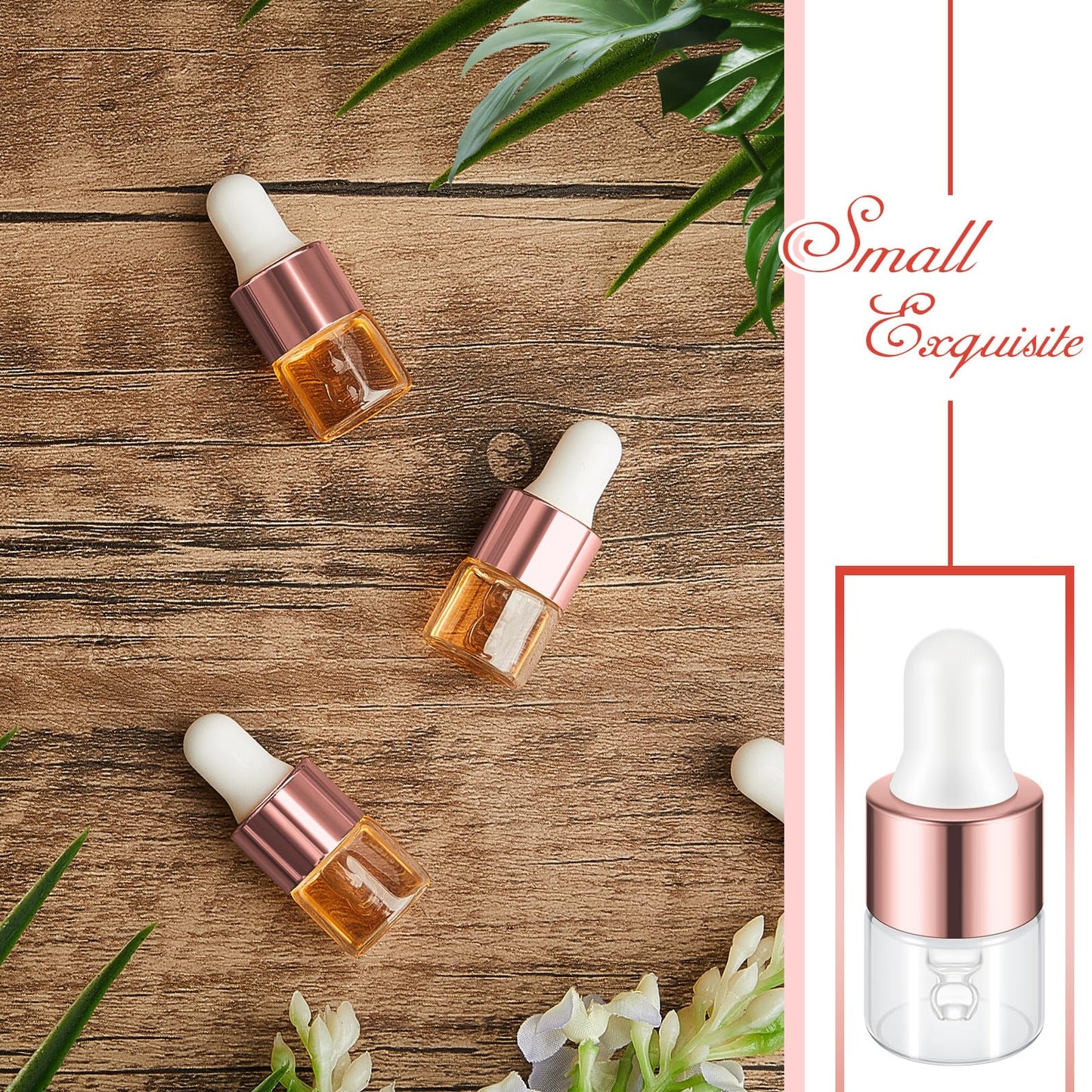 Didaey 100 Pcs Mini Glass Oil Dropper Bottle Bulk, 1 ml Rose Gold Clear Essential Small Empty Bottles Sample Containers Perfume Liquid Vials with Cap for Traveling
