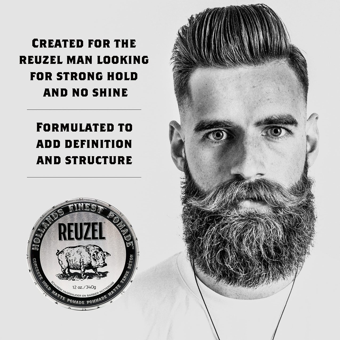 REUZEL Concrete Matte Pomade, Strong All Day Hold, Water Soluble Styling, No Shine and Flake Free, Easy To Wash Out, For All Hairstyles, 12 oz