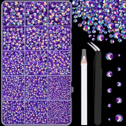 16000Pcs Resin Jelly Rhinestones with Tweezers for Crafting, Dark Purple AB 2-6mm Mixed Sizes Flatback Gems, Bedazzling Crystal for DIY Crafts Clothing Tumblers Mugs Shoes Fabric Nail Art