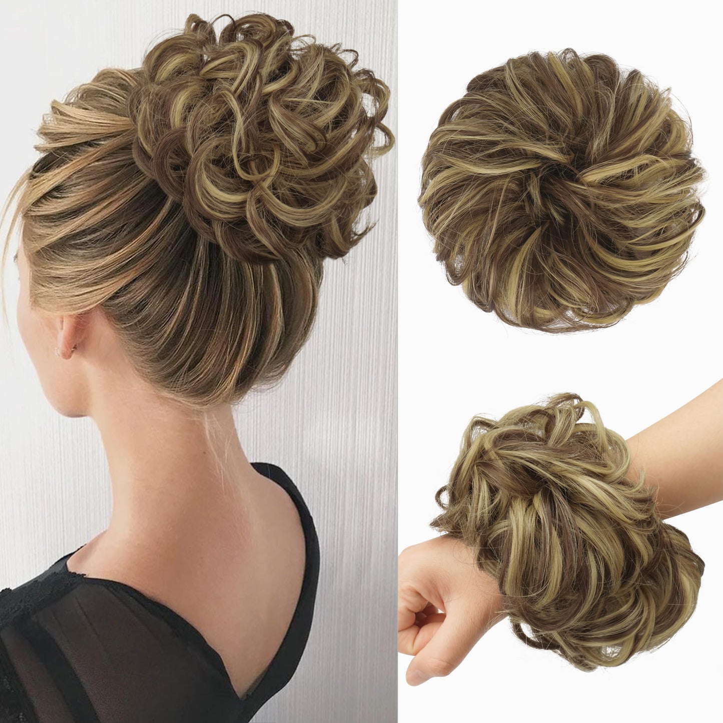 FESHFEN Messy Hair Bun Hair Pieces Wavy Curly Large Hair Bun Scrunchies Extensions Synthetic Chignon Hairpieces for Women Girls, Blonde & Medium Brown 1.94oz