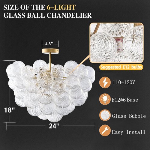 Longree Nordic Bubble Ball Ceiling Light Fixture - 24-Inch Gilded Brass & Clear Glass Chandelier for Bedroom, Study, Bathroom