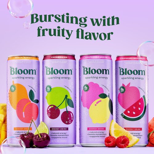 Bloom Nutrition Sparkling Energy Drink - Variety Pack with Natural Caffeine | Zero Sugar, 180mg Caffeine, 12oz (12 Pack)