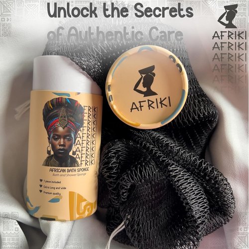 AFRIKI African Net Sponge - Exfoliating Body Scrubber for All Skin Types | 45" Long (Black)