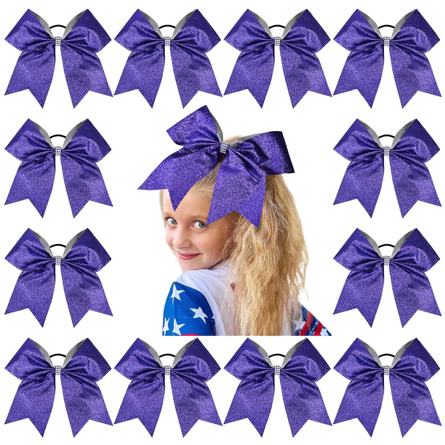 12 PCS Large Glitter Cheer Bows Blue Rhinestones 8" Sparkly Hair Bow Cheerleading Softball Team Bow Hair Accessories for cheerleaders football Competition Sports