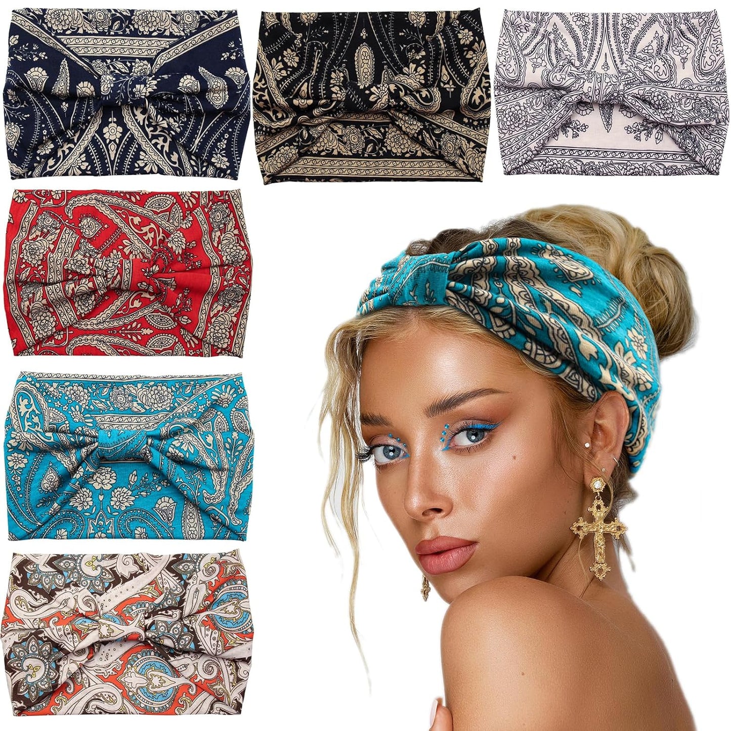 Yeshan Women's Wide Boho Knotted Non-Slip Turban Headwraps - Stretchy Bandeau Hair Bands for Sports, Yoga, Workouts, Pack of 8