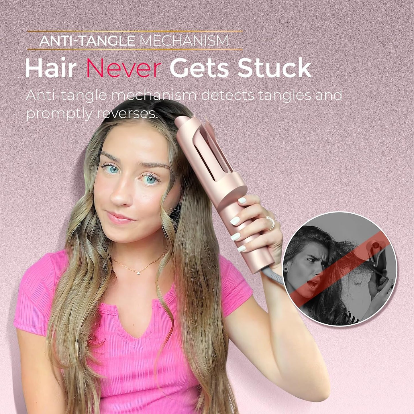 TYMO CurlPro Plus Automatic Curling Iron - 1-Inch Long Barrel Ceramic Curler for Long Hair, Gold Blush
