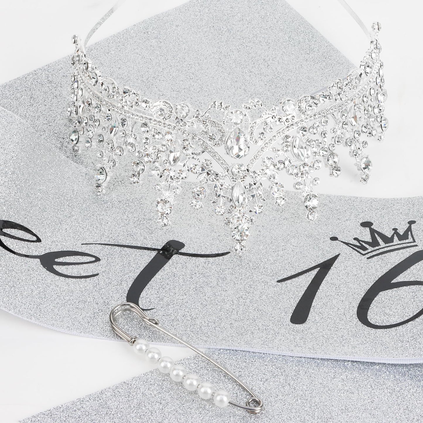 CIEHER Sweet 16 Sash + 16th Birthday Crown + Pearl Pins Set, Sweet 16 Party Decorations, Sweet 16 Tiara, Sweet 16 Gifts for Girls Sweet 16 Birthday Decorations