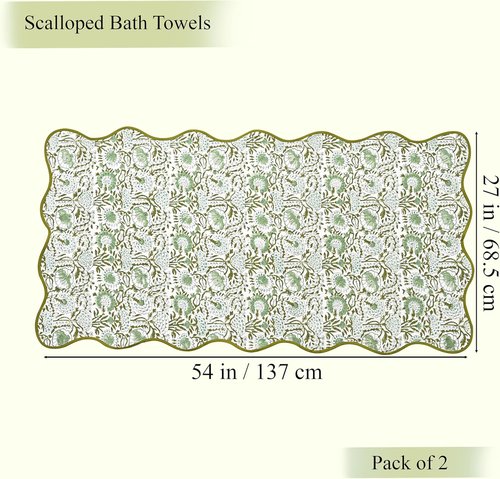 CPC Cotton Print Club Agate Green Block Printed Cotton Waffle Bath Towels - Soft, Quick-Dry, Set of 2, 27x54