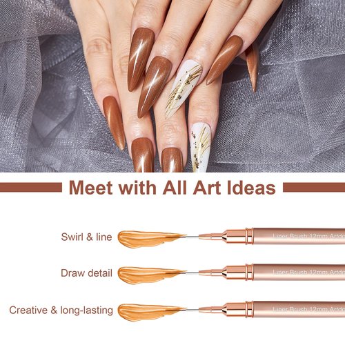 Artdone Metallic Nail Art Pens, Liner Brushes Set, 5PCS Copper Color Nail Tools For Long Lines, Thin Details, Fine Drawing, Liner Brush UV Gel Polish Painting Nail Design Sizes 5/8/12/20/25mm