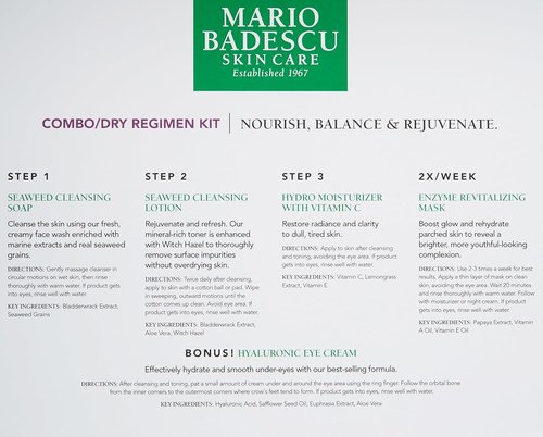 Mario Badescu Combo/Dry Regimen 5 Piece Kit, Skincare Gift Set Includes Seaweed Cleansing Soap, Seaweed Cleansing Lotion, Hydro Moisturizer, Enzyme Revitalizing Mask, and Hyaluronic Eye Cream
