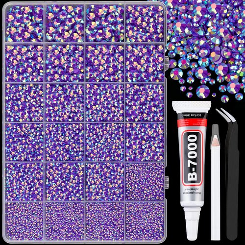 25000Pcs Resin Rhinestones for Crafting, Dark Purple AB 2-6mm Mixed Sizes Non Hotfix Flatback Gems with 1Pcs Glue, Bedazzling Crystal for DIY Craft Clothing Mugs Tumblers Shoes Fabric Decor Nail Art