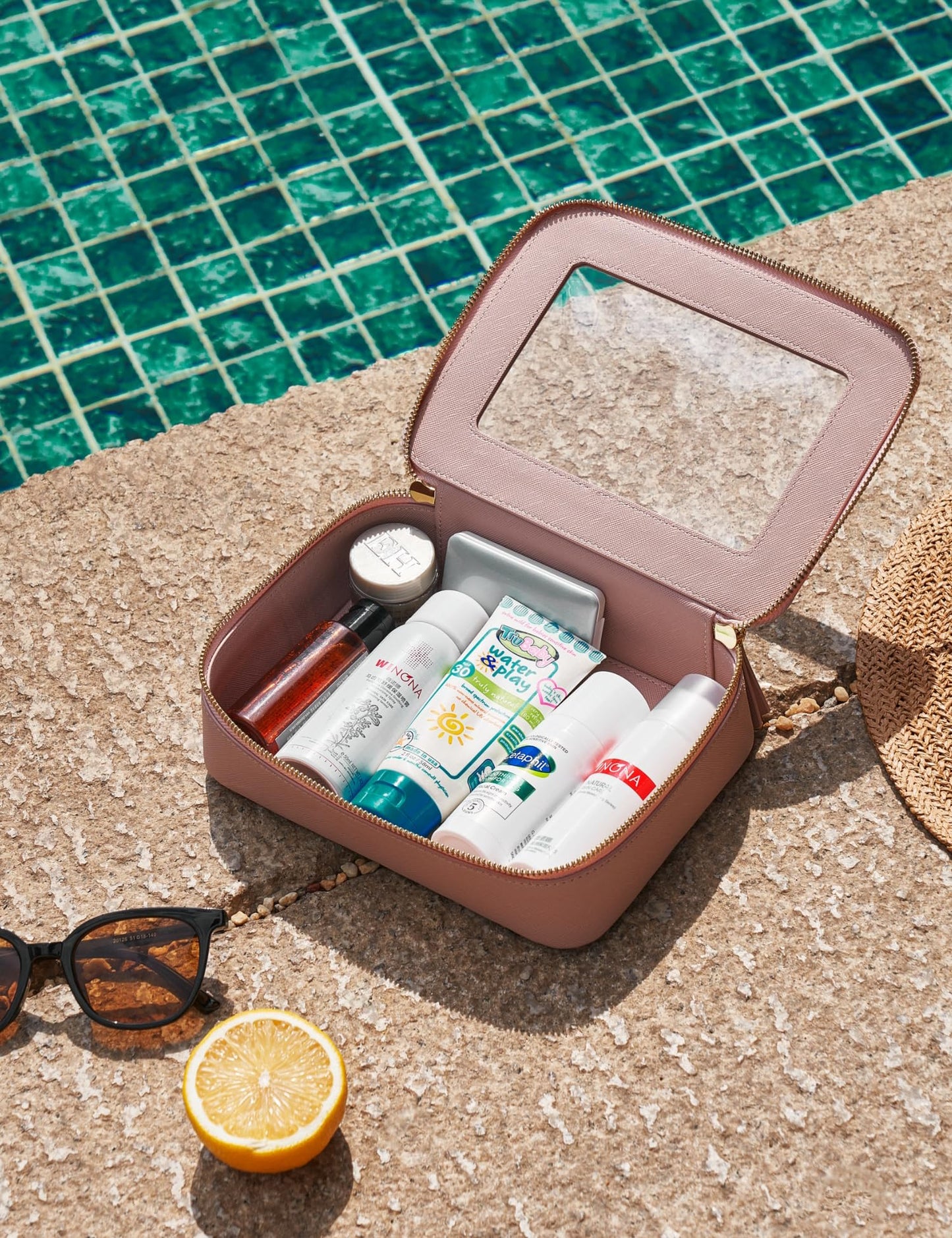 Popvibe Clear Makeup Case Set Pink Toiletry Bag Travel Large Clear Cosmetic Bag with Zipper, Big Make Up Bag Organizer Women Traveling TSA Approved Transparent Bag Car for Essentials