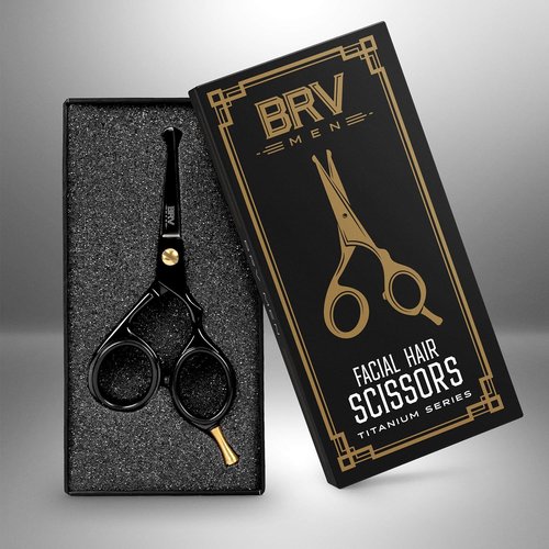BRV MEN Rounded-Tip Small Trim Scissors for Men 4.2" | High Carbon Stainless Steel | Nose Hair for Men | Professional Grooming Scissors for Beard, Mustache & Ear Hair - RIGHT HANDED (Black)