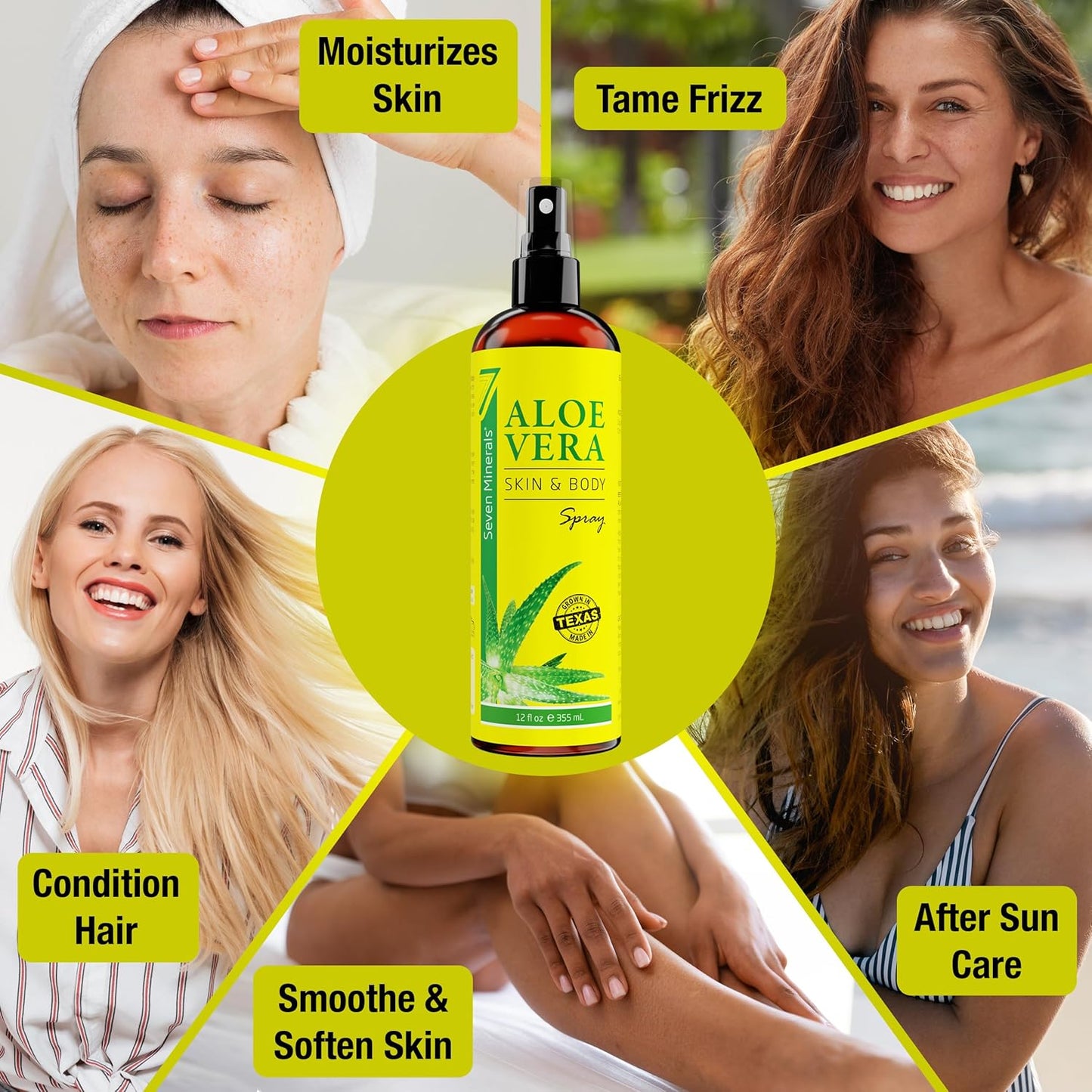 Seven Minerals Organic Aloe Vera Spray - Extra Strong, Rapid Absorption, No Sticky Residue | 12 fl oz Made in USA