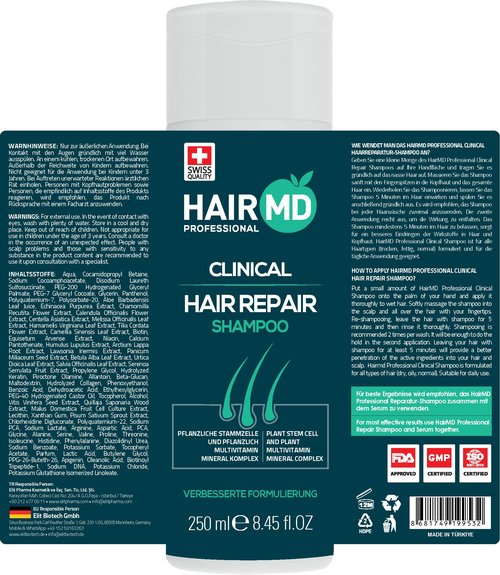 HairMD Transplant Clinical Repair Shampoo - 250ml Biotin Shampoo for Hair Growth - Advanced Regrowth Formula - Protects Post-Transplant Scalp - Reduces Itching and Redness - Prevents Hair Loss
