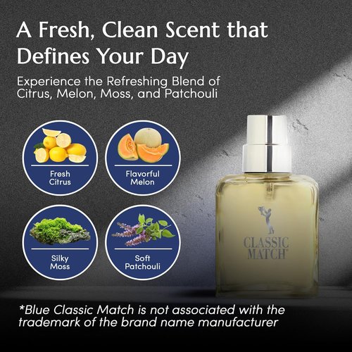 PB ParfumsBelcam Blue Classic Match Eau de Toilette Spray for Men - Modern Citrus Fougere Fragrance, 2.54 Fl Oz