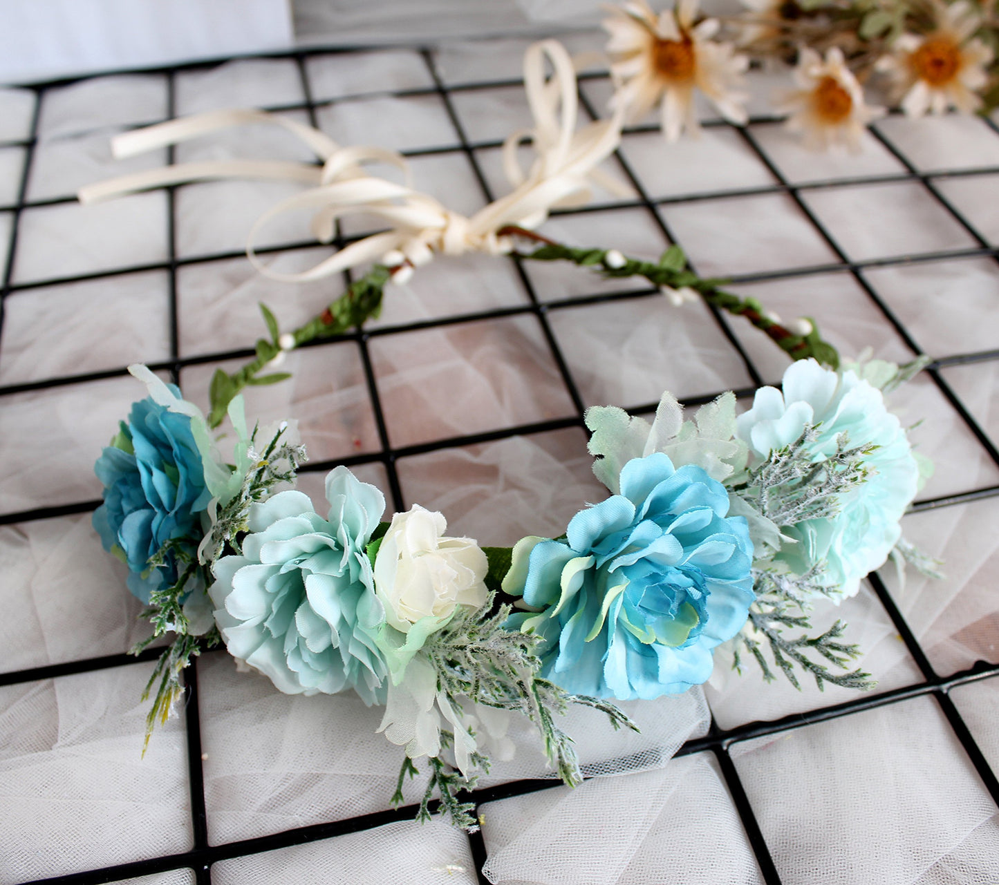 Vivivalue Fairy Flower Crown Blue Floral Headband Elf Headpiece for Women Girls Princess Wedding Bridal Shower Photo Prop Cosplay Renaissance