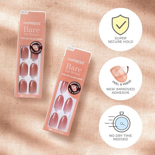 KISS imPRESS Press-On Nails - No Glue, 'Instinct' Pink, Short Squoval Shape, 30 Nails Included