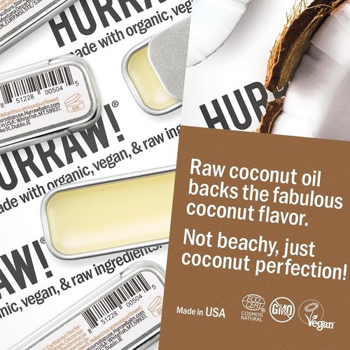 Hurraw! Lip Balm Bundle - Coconut, Mint & Vanilla | Organic, Vegan, Cruelty-Free, 3-Pack Tins