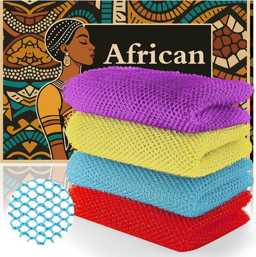 African Bath Sponge | 4-Piece Set - Net Exfoliator for Glowing Skin, Gentle Nylon Mesh Scrubber