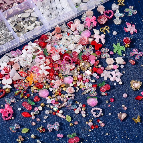 28 Grids Nail Charms Kit with Rhinestones for Nails, 3D Kawaii Bows, Cherry, Flowers, Butterfly. Red Pink Gold Nail Gems, Pearls & Metal Studs. DIY Manicure Art Supplies with Wax Pen & Tweezers