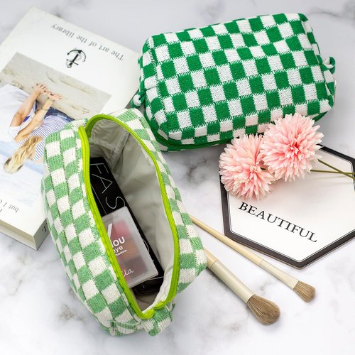 PAZIMIIK Checkered Makeup Bag - Portable Zipper Cosmetic Pouch for Travel Accessories | Light Green (6PCS)