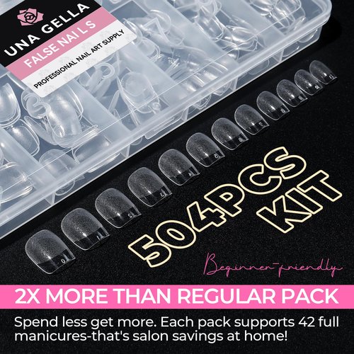 UNA GELLA Short Square Nail Tips 504PCS Pre Etched Extra Short Soft Gel Fake Nails Tips for Women DIY Squoval Press On Nails Extension French Style Salon Full Cover Acrylic Tips 12 Sizes