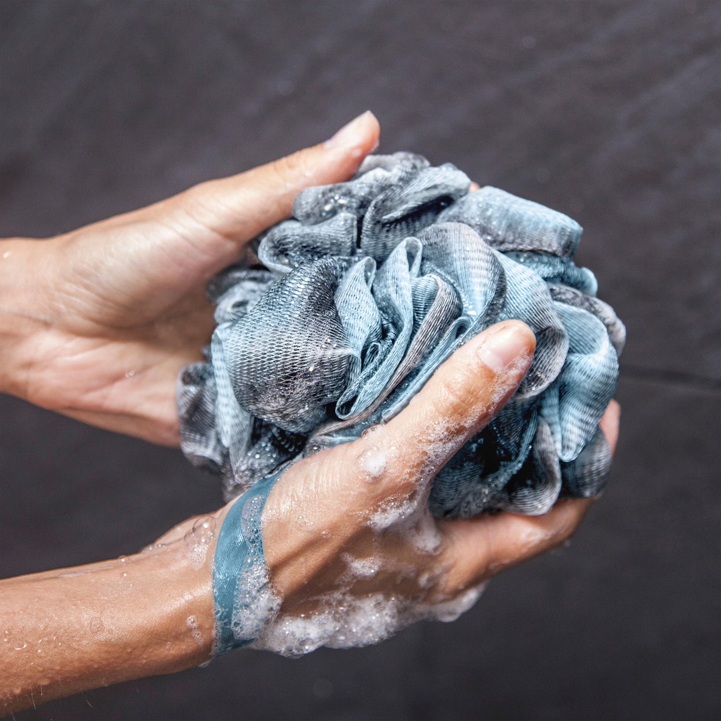 Toem Loofah Back Scrubber for Shower | Bamboo Charcoal Fiber Infused | Loufas for Men & Women | Includes 1 Long Handled Shower Sponge, 1 Bath & Shower Luffa Pouf & 1 Hook to Hang Stuff (Sky Blue)