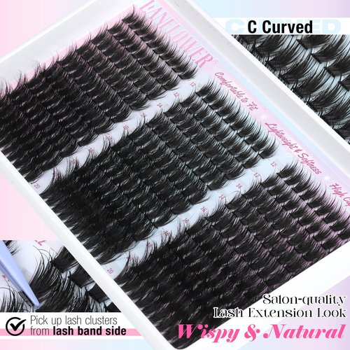 Lanflower Wispy Lash Clusters Kit Fairy Lash Extension Kit 300Pcs Wispy Eyelash Extension Kit Natural Cluster Eyelash Extensions Kit 12-20mm Eyelash Clusters CD Curl Individual Lashes Clusters