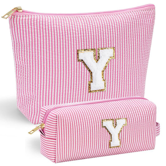 YOOLIFE Travel Makeup Bag Cosmetic Bag - Make Up Bag with Makeup Brush Bag Monogram Makeup Pouch Bag 2 Pieces Cute Makeup Bag Personalized Gifts Best Friend Birthday Gifts for Women Pink Letter Y