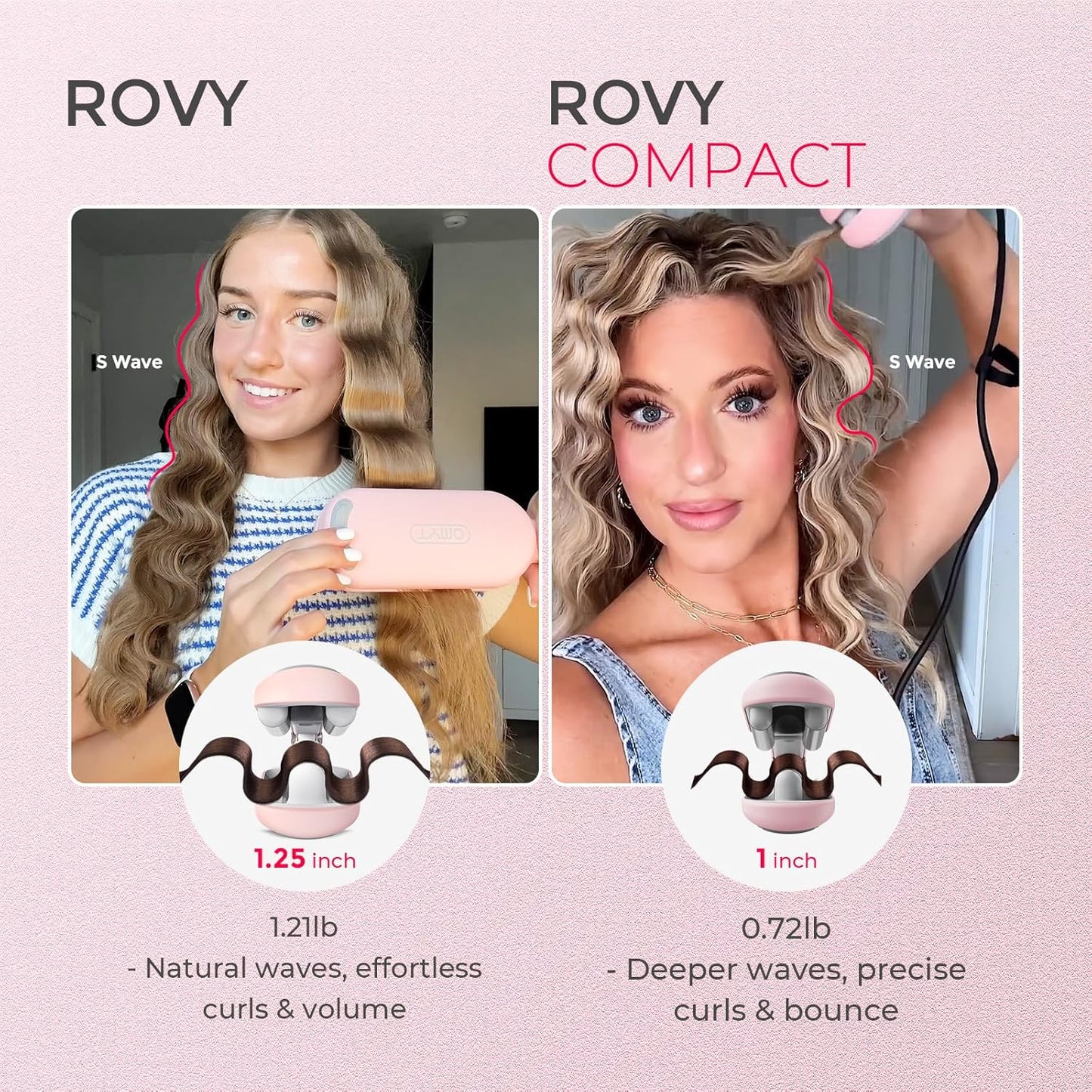 TYMO ROVY Curling Wand - Ionic 3-Barrel Hair Crimper for Beach Waves, Anti-Scald, Pink, 1 Inch