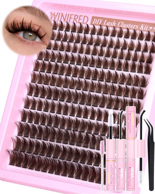 Winifred Brown Lash Clusters Kit Wispy Cluster Eyelash extensions Volume Lash Extension Kit Spiky Individual Lashes C Curve Eyelash Clusters 204pcs DIY 12-18mm Lashes Extension with Lash Glue