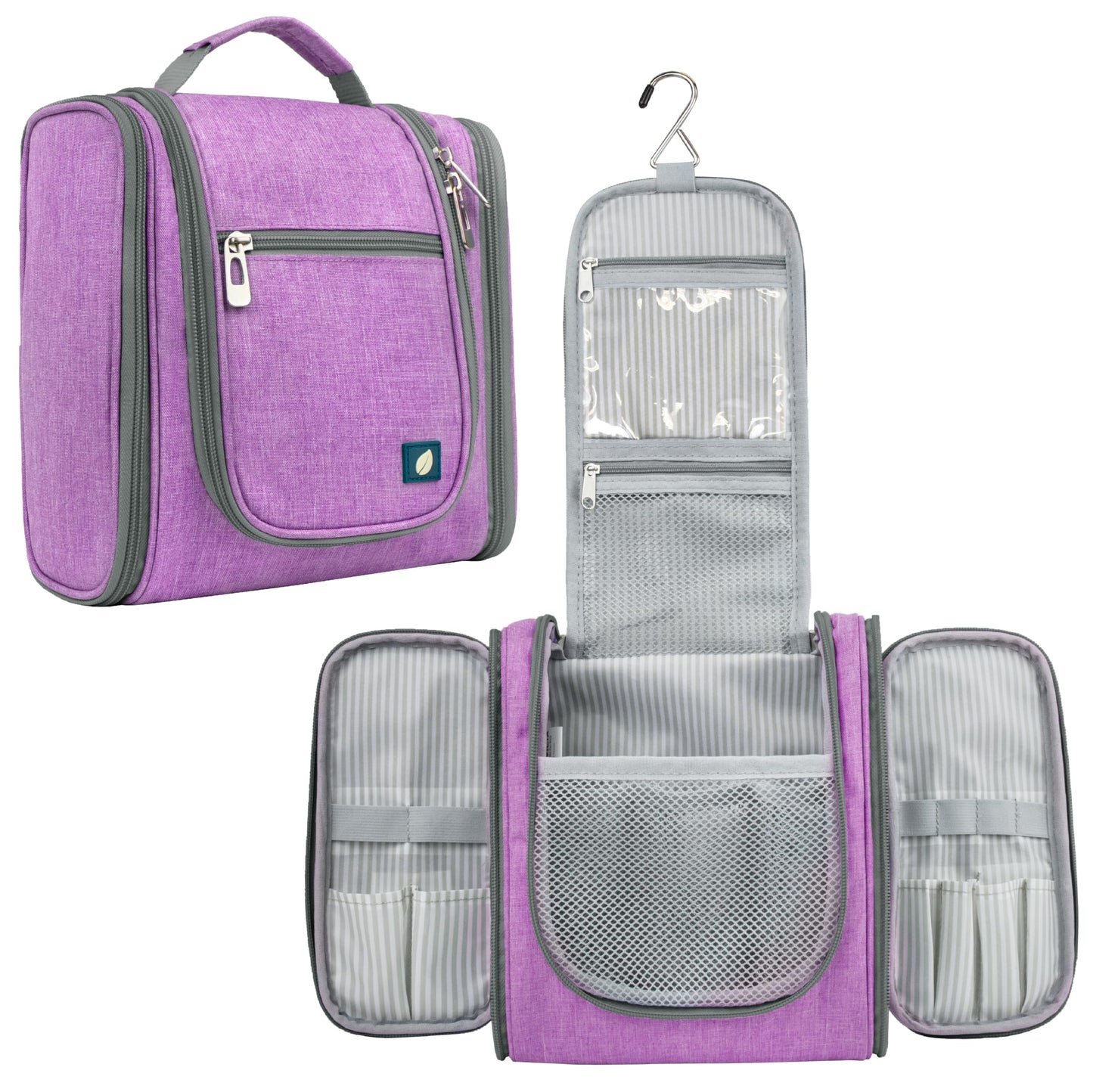 PAVILIA Toiletry Bag Travel Bag for Women Men, Hanging Cosmetic Organizer, Water Resistant Makeup Bag for Accessories Toiletries, Large Travel Essentials Kit (Purple)