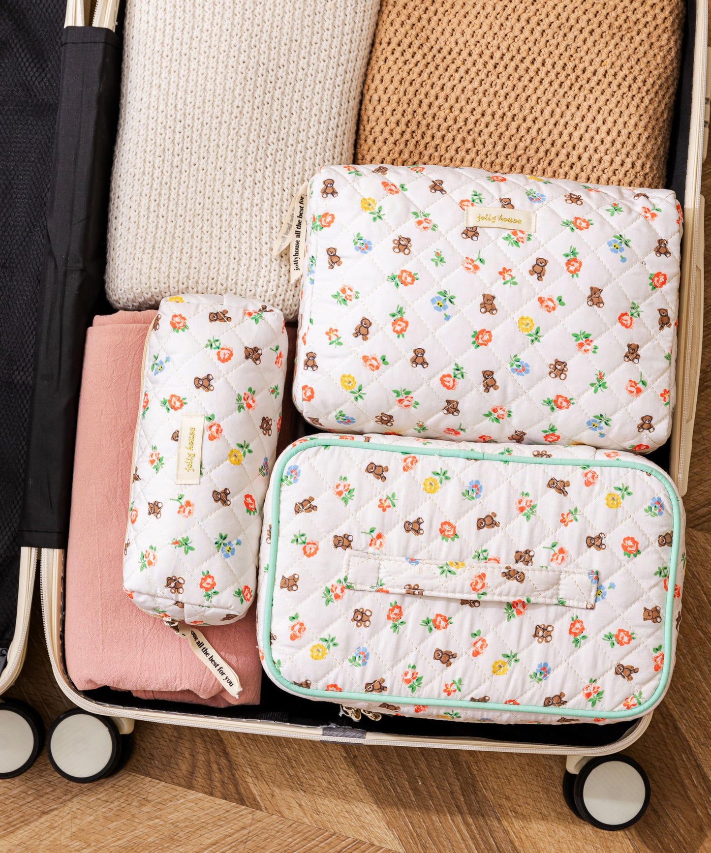 HBselect Quilted Makeup Bag, 3PCS Cotton Large Travel Makeup Bag, Cute Floral Coquette Make up Bag Cosmetic Bag Toiletry Bag for Women Girls