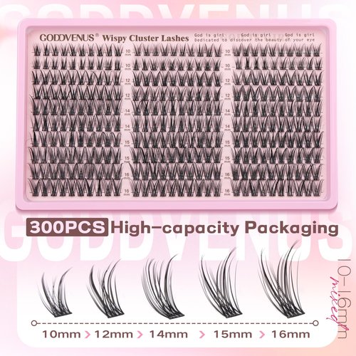 Goddvenus Eyelash Extensions Wispy Natural DIY C Curl Individual Lashes Clusters Black 10-16mm 300pcs
