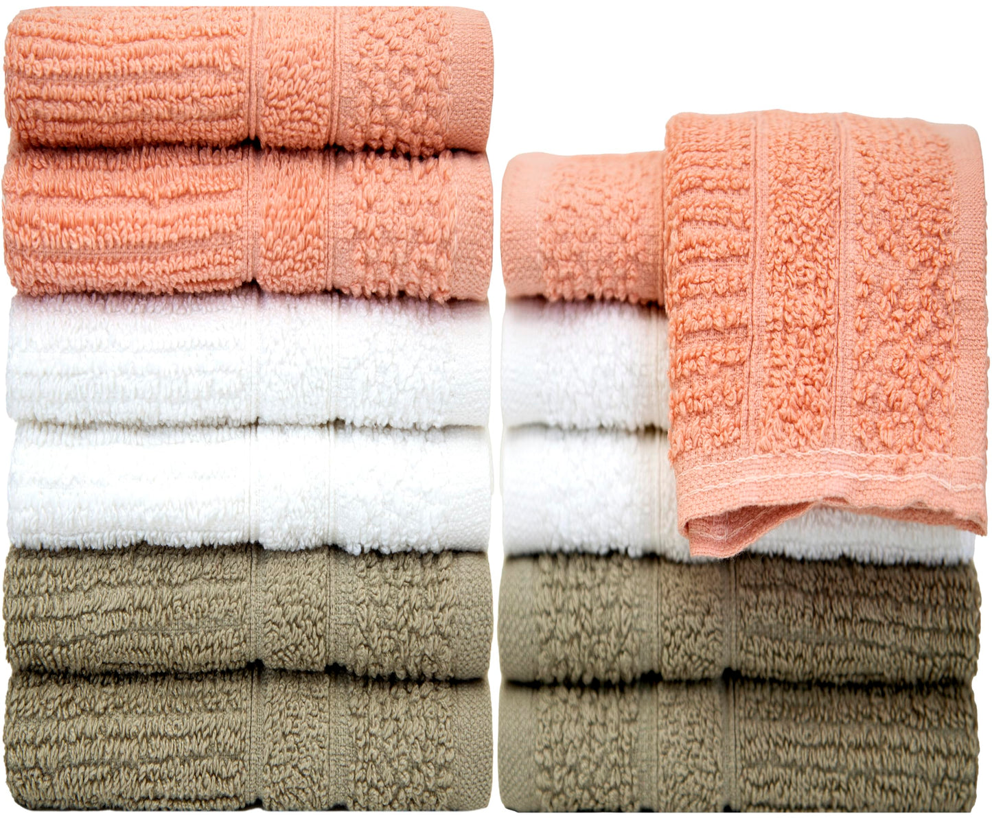 PH Pleasant Home Ribbed Wash Cloths Set - 12 Pack (12” x 12”) – 509 GSM - 100% Ring Spun Cotton Wash Cloth - Super Soft and Highly Absorbent Face Towels (Blush,White & Tan)